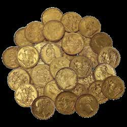 A pile of gold sovereign and Krugerrand coins